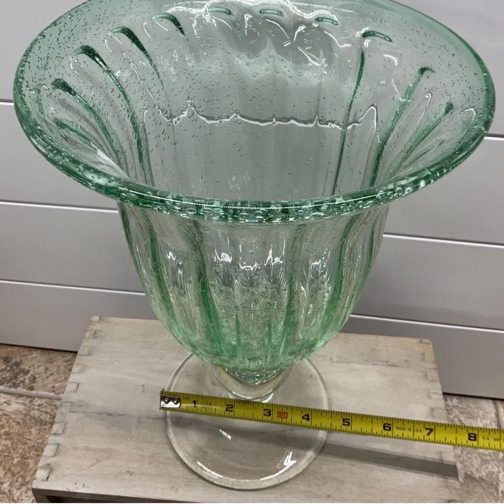 Green Seeded Glass Optic Ribbed Footed Hurricane Vase 11.5 Inch Centerpiece